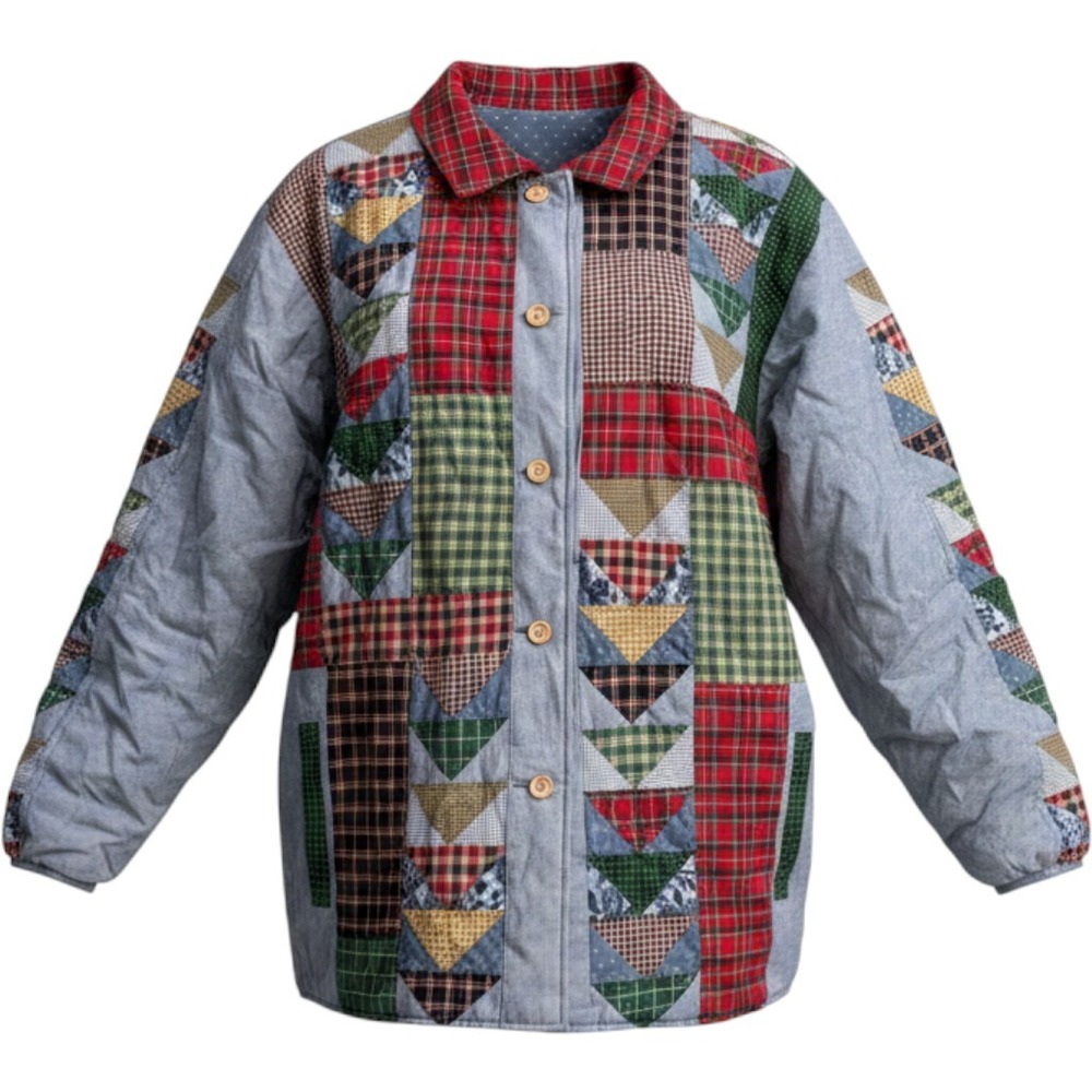Reversible Patchwork Quilted Jacket Womens Medium Plaid Blue cottagecore